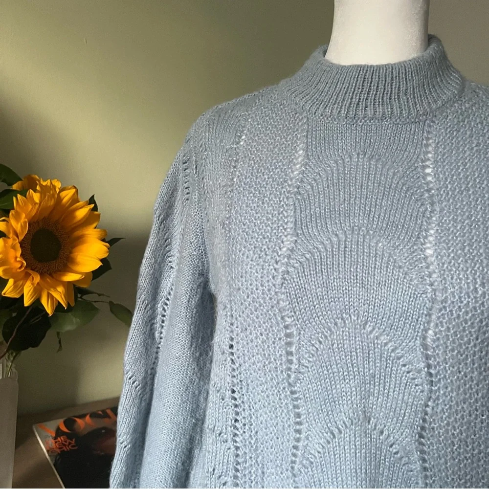 H&M Baby Blue Pastel Mockneck Baggy Sleeve Hole Knit Acrylic Mohair Wool Sweater
